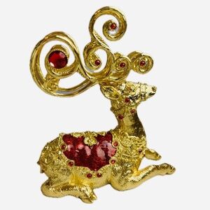 Vintage Dillard’s Elegant Gold and Red Pewter Jeweled Reindeer Figurine
